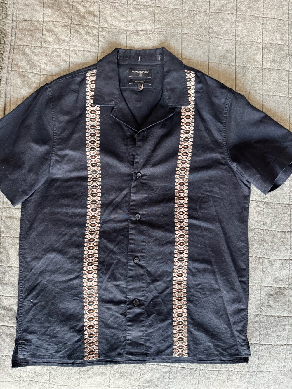 Banana Republic Navy Short-Sleeve Embroidered Stripe Button-Down Shirt
